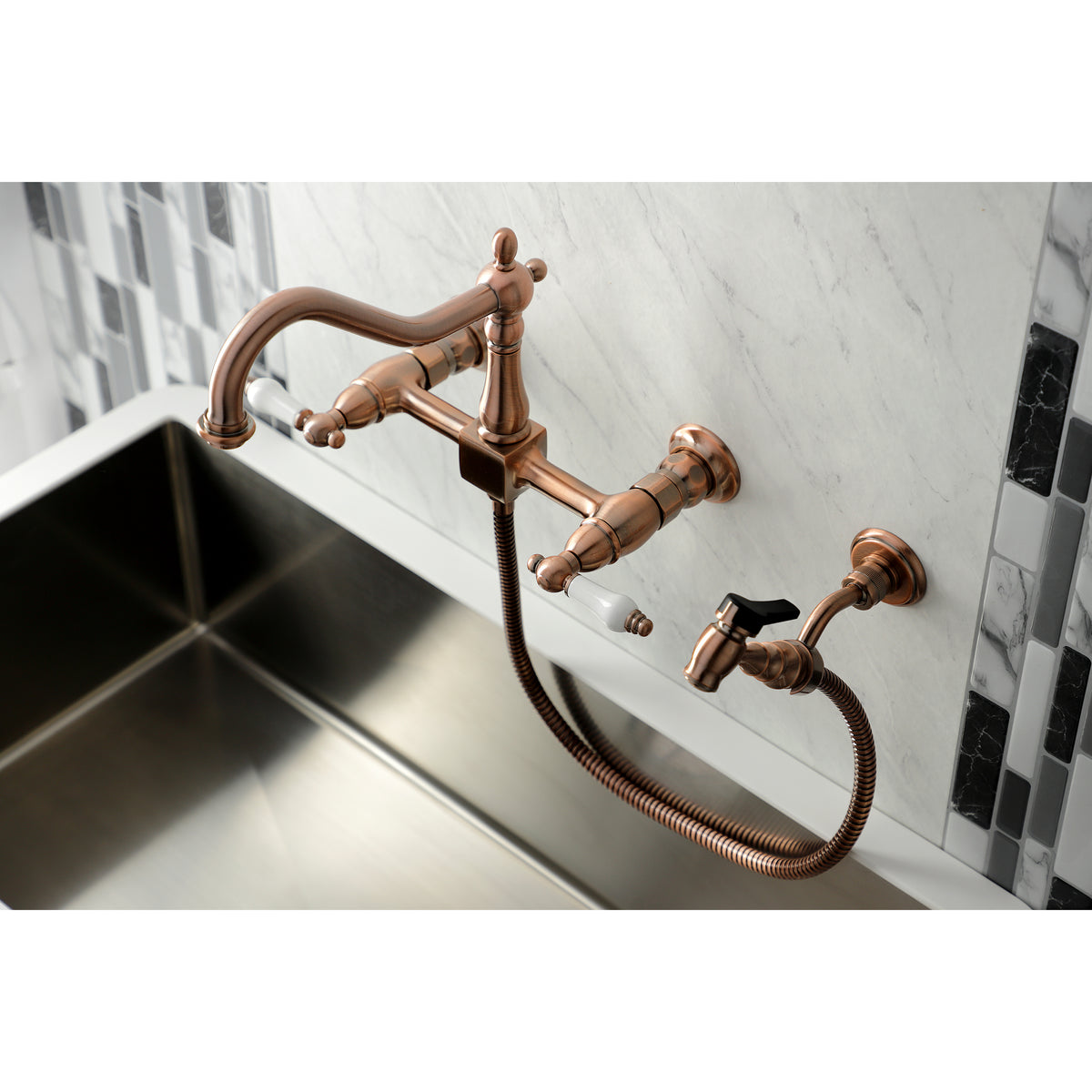 Kingston Brass KS1243PLBS Heritage Wall Mount Bridge Kitchen Faucet with Brass Spray