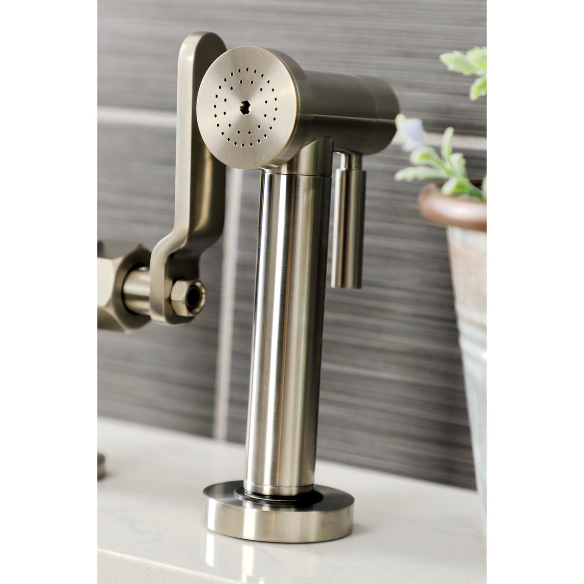 Kingston Brass KS2330KL Whitaker Industrial Style Bridge Kitchen Faucet with Brass Sprayer