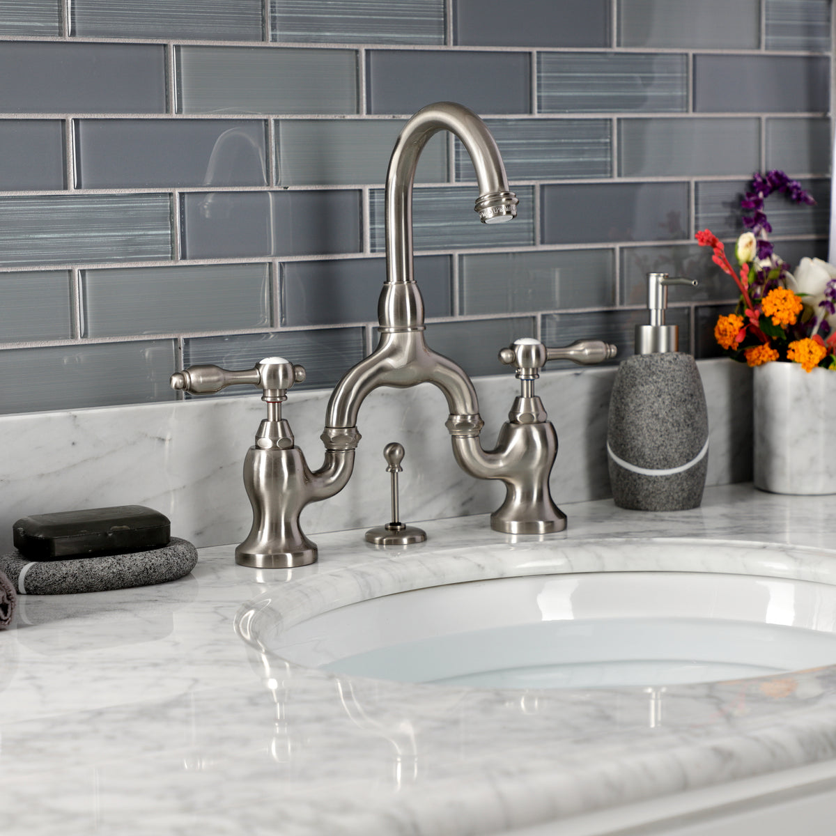 Kingston Brass KS7992TAL Tudor Bridge Bathroom Faucet with Brass Pop-Up