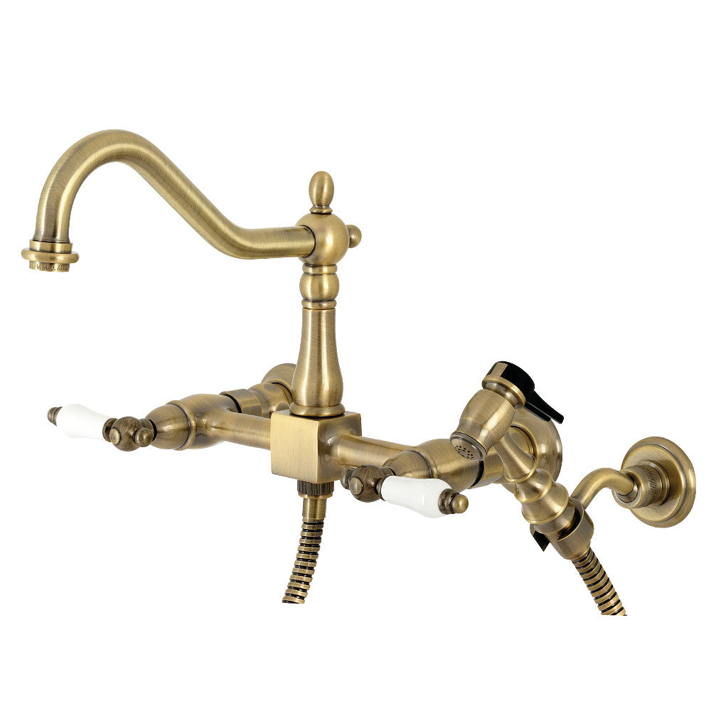 Kingston Brass KS1243PLBS Heritage Wall Mount Bridge Kitchen Faucet with Brass Spray