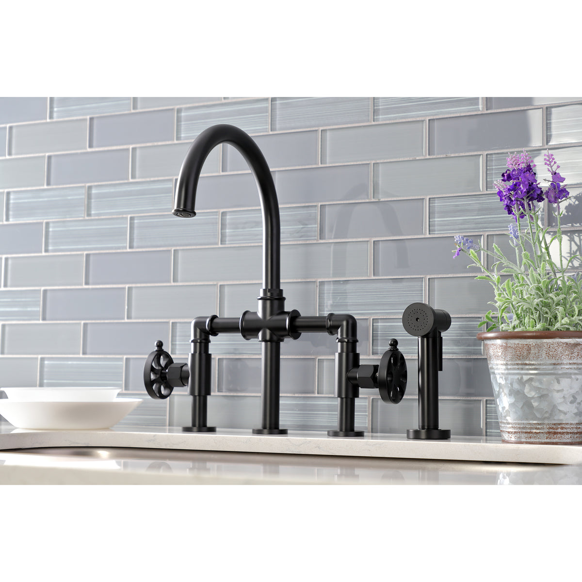 Kingston Brass KS2330RX Belknap Industrial Style Bridge Kitchen Faucet with Brass Sprayer