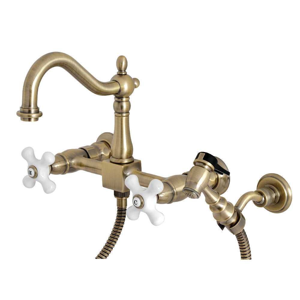 Kingston Brass KS1261PXBS Heritage Wall Mount Bridge Kitchen Faucet with Brass Sprayer