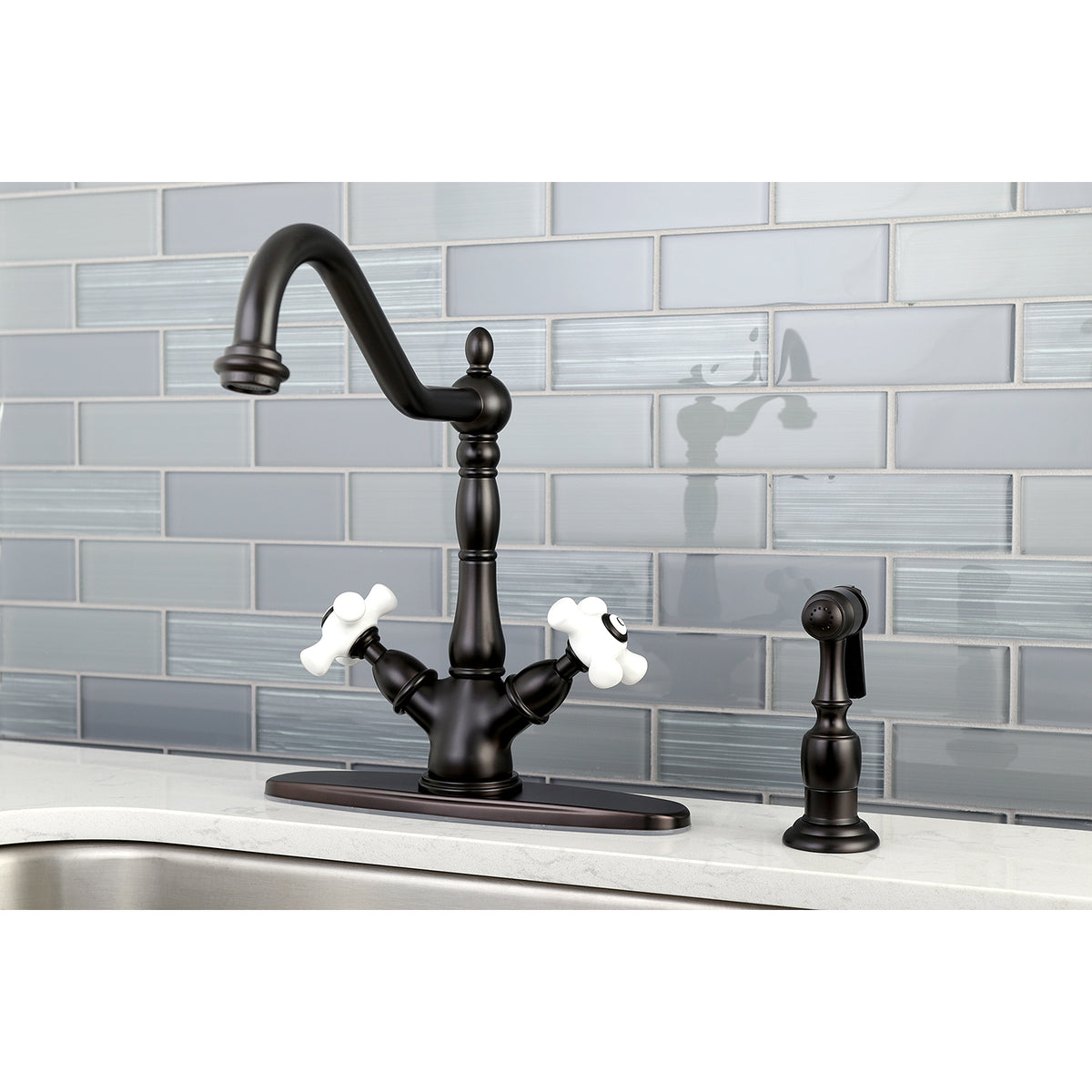 Kingston Brass KS1231PXBS Heritage 2-Handle Kitchen Faucet with Brass Sprayer and 8-Inch Plate