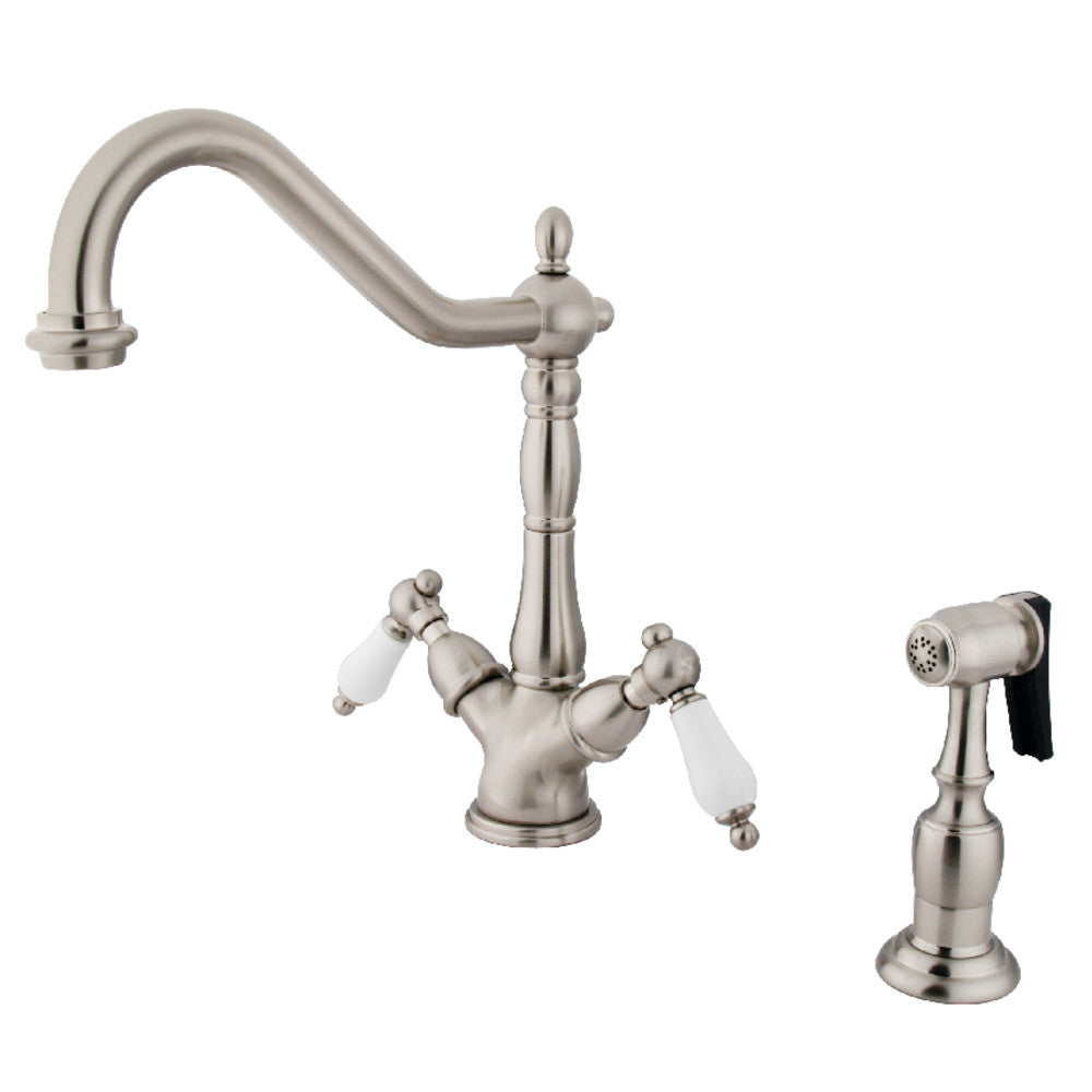 Kingston Brass KS1236PLBS Heritage 2-Handle Kitchen Faucet with Brass Sprayer and 8-Inch Plate