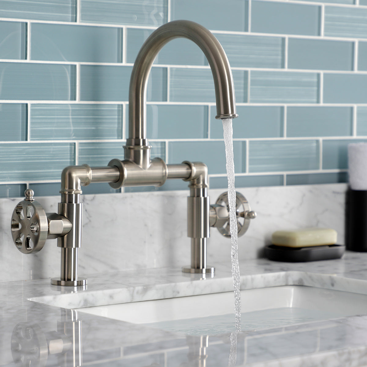 Kingston Brass KS217RXVN Belknap Industrial Style Wheel Handle Bridge Bathroom Faucet with Pop-Up Drain