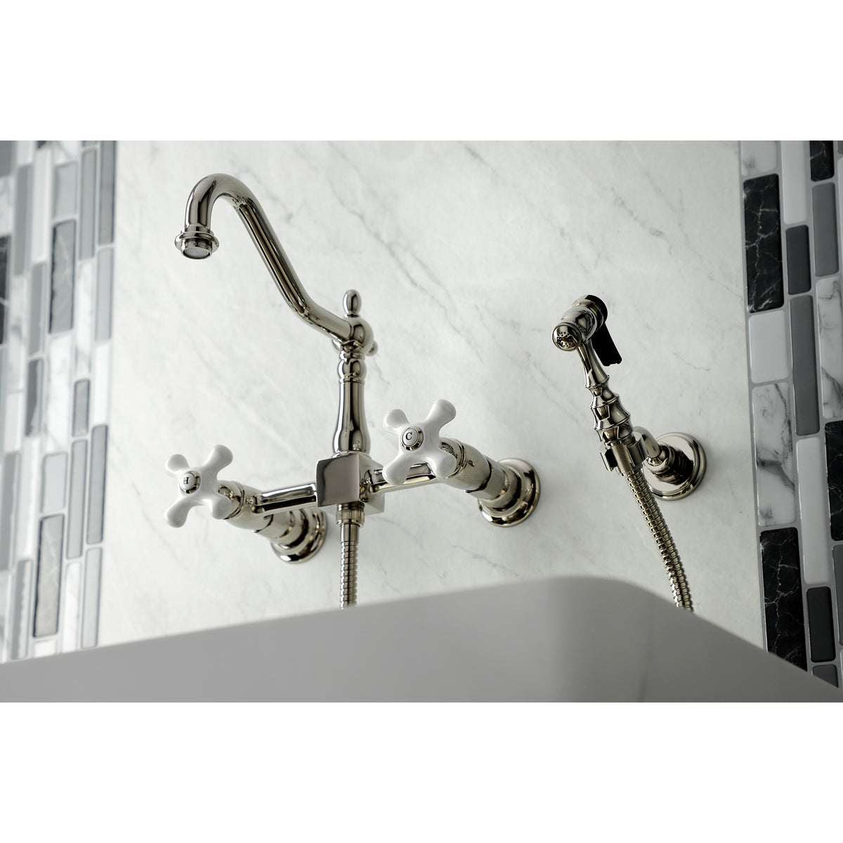 Kingston Brass KS1242PXBS Heritage Wall Mount Bridge Kitchen Faucet with Brass Spray