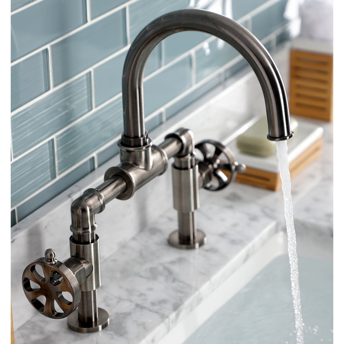 Kingston Brass KS217RXVN Belknap Industrial Style Wheel Handle Bridge Bathroom Faucet with Pop-Up Drain
