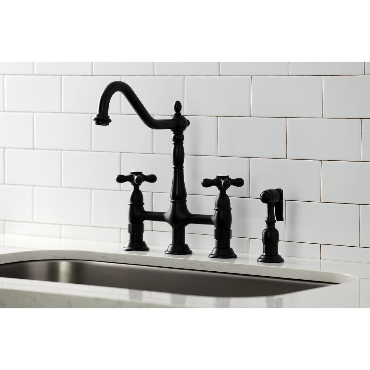 Kingston Brass KS1270AXBS Heritage Bridge Kitchen Faucet with Brass Sprayer