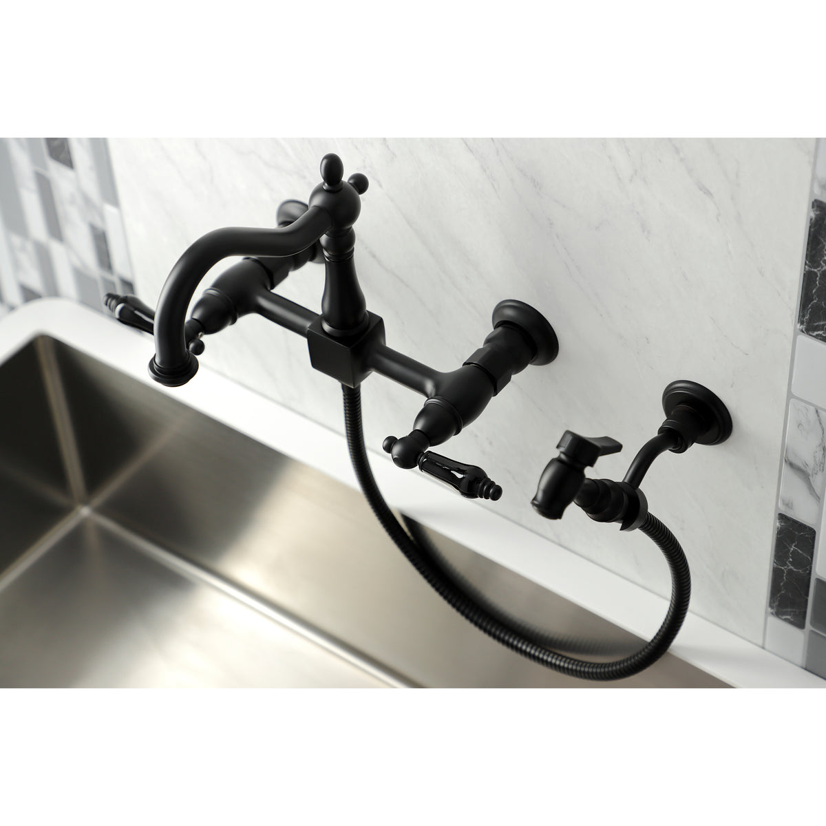 Kingston Brass KS1262PKLBS Duchess Wall Mount Bridge Kitchen Faucet with Brass Sprayer