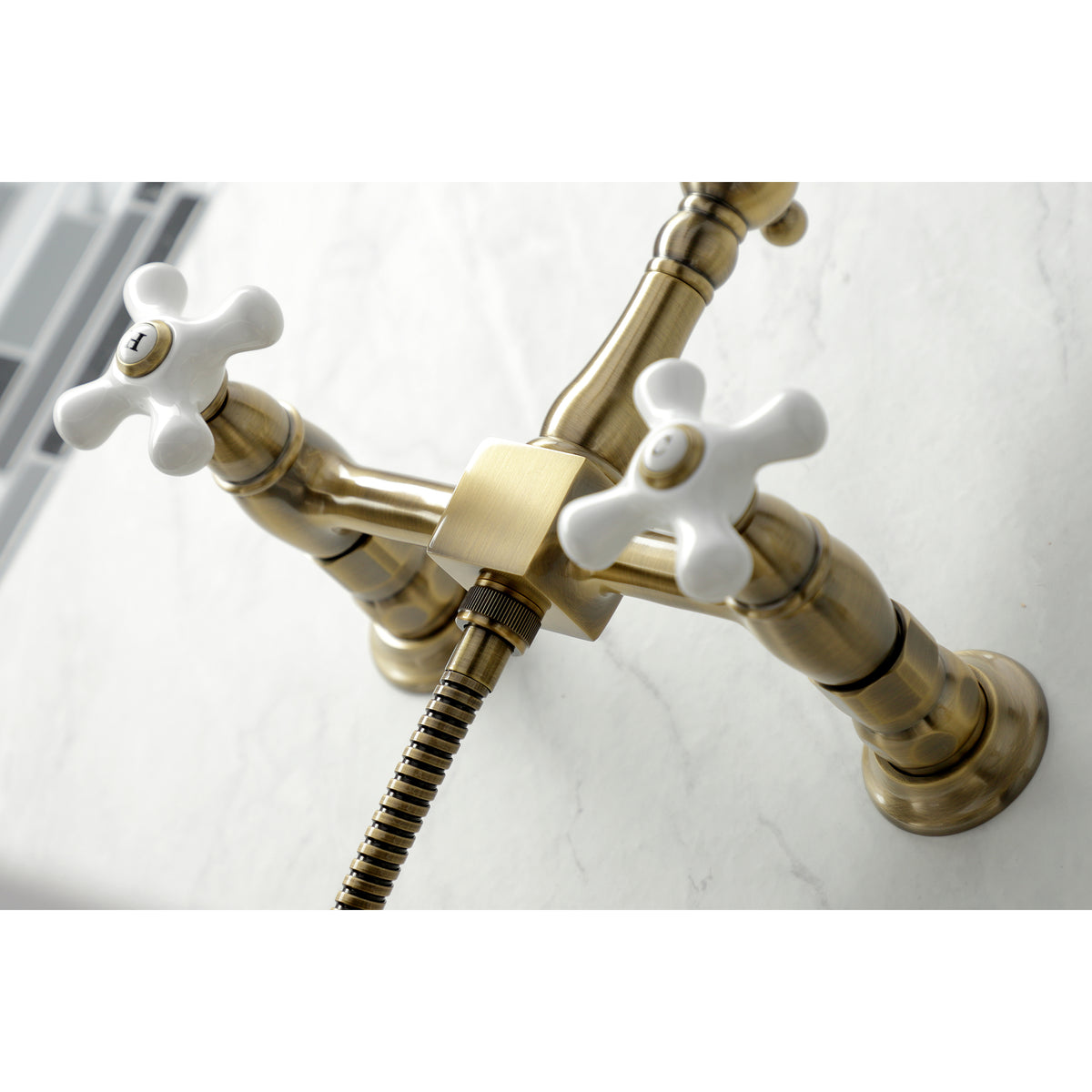 Kingston Brass KS1242PXBS Heritage Wall Mount Bridge Kitchen Faucet with Brass Spray