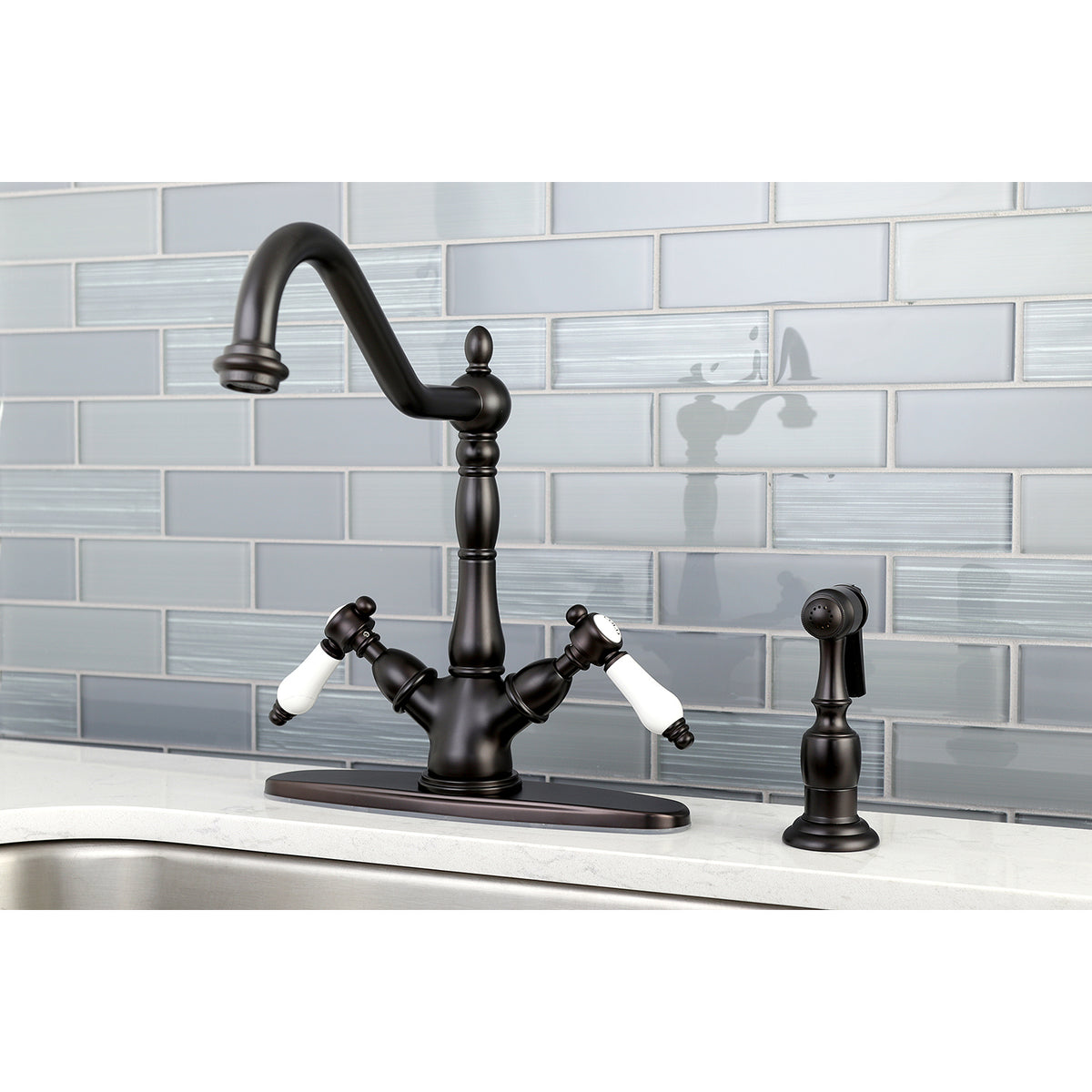Kingston Brass KS1235BPLBS Mono Deck Mount Kitchen Faucet with Brass Sprayer
