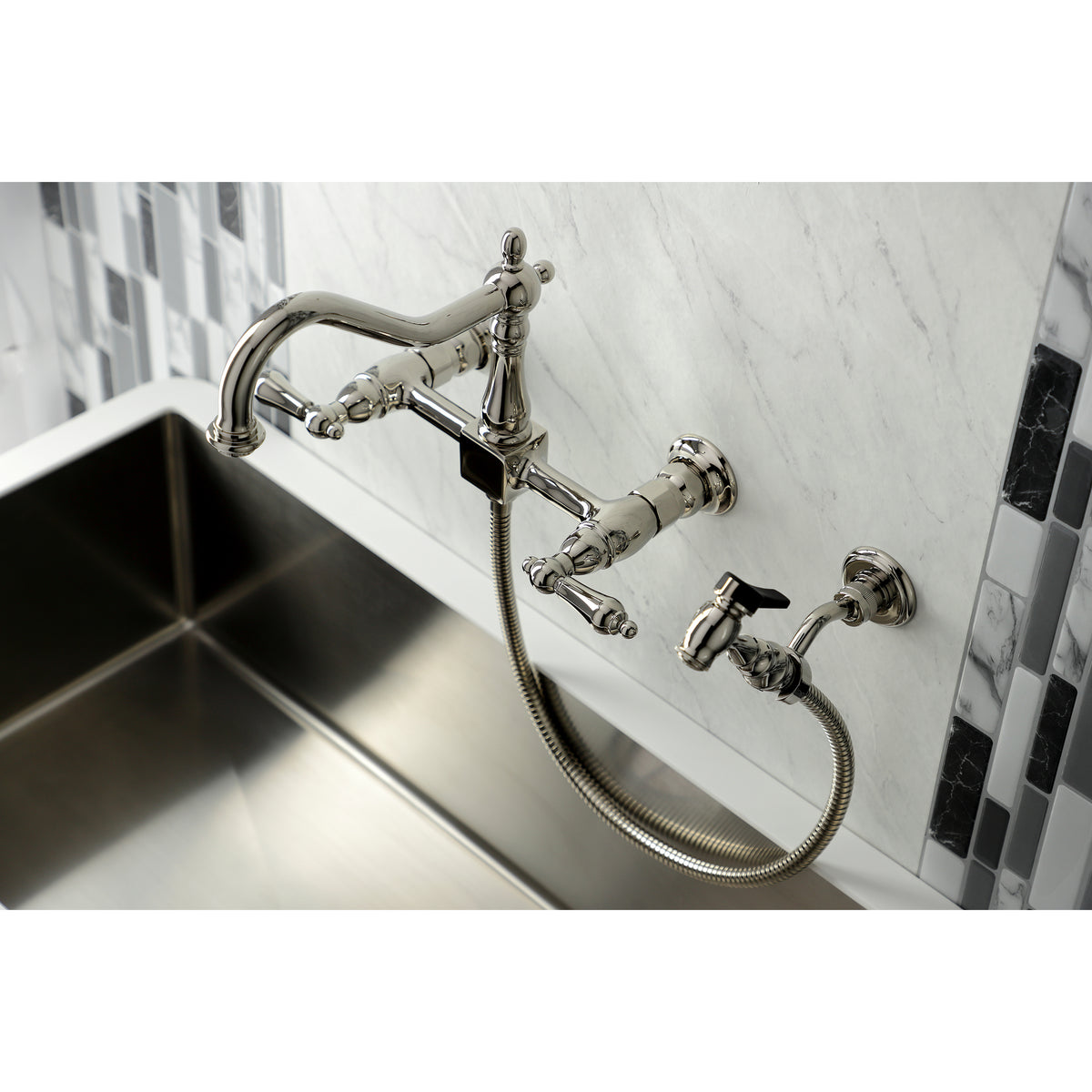 Kingston Brass KS1246ALBS Heritage Wall Mount Bridge Kitchen Faucet with Brass Spray