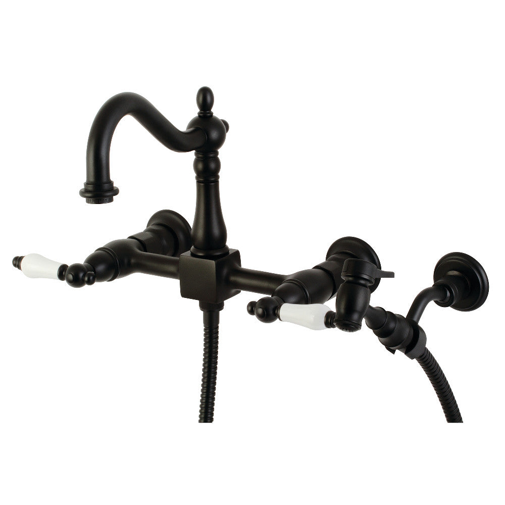 Kingston Brass KS1260PLBS Heritage Wall Mount Bridge Kitchen Faucet with Brass Sprayer