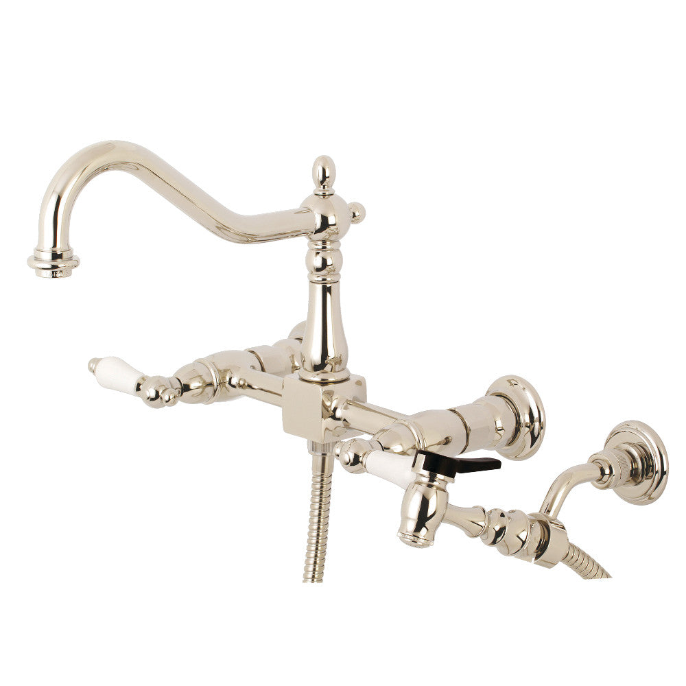 Kingston Brass KS1243PLBS Heritage Wall Mount Bridge Kitchen Faucet with Brass Spray