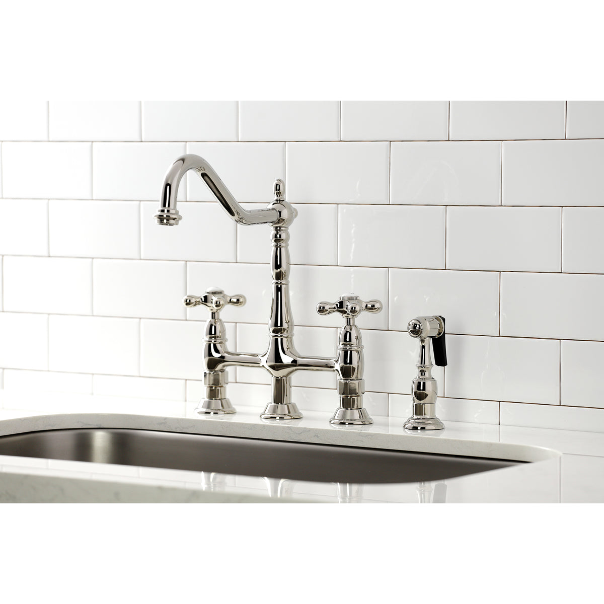 Kingston Brass KS1270AXBS Heritage Bridge Kitchen Faucet with Brass Sprayer