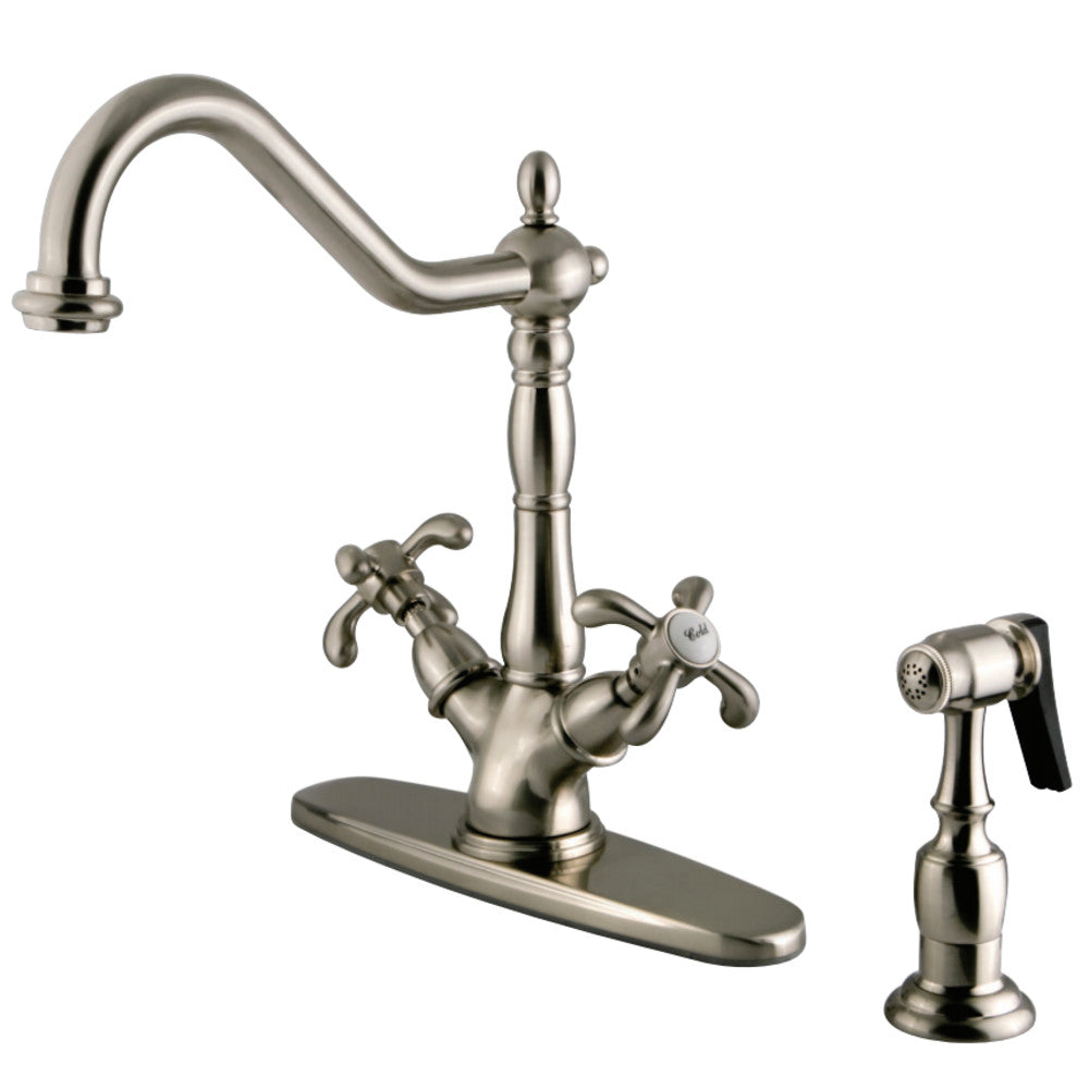 Kingston Brass KS1238TXBS French Country Mono Deck Mount Kitchen Faucet with Brass Sprayer