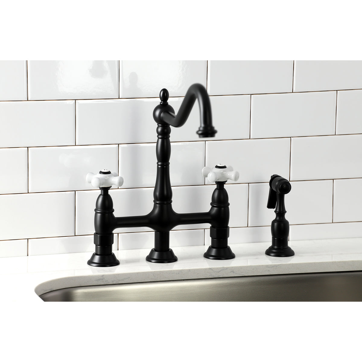 Kingston Brass KS1273PXBS Heritage Bridge Kitchen Faucet with Brass Sprayer