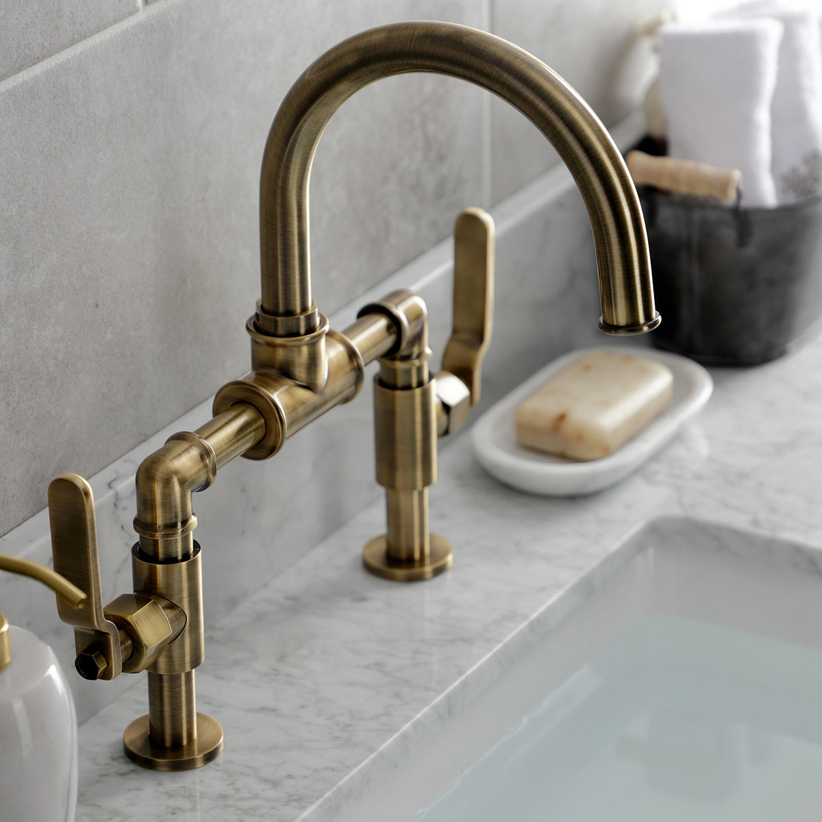 Kingston Brass KS2171KL Whitaker Industrial Style Bridge Bathroom Faucet with Pop-Up Drain