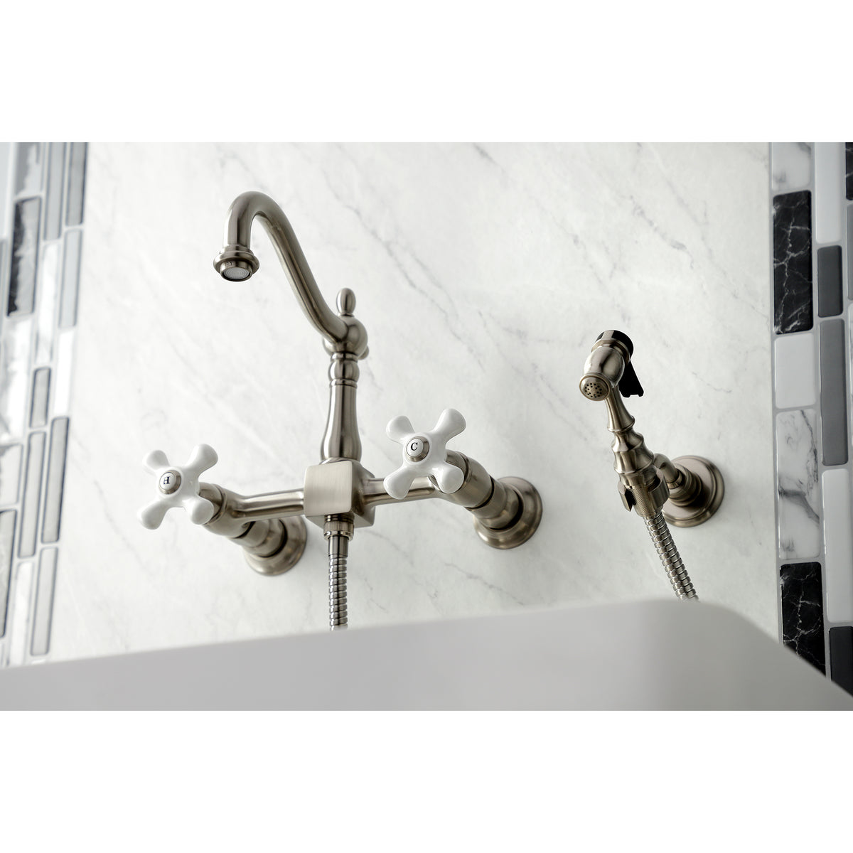 Kingston Brass KS1261PXBS Heritage Wall Mount Bridge Kitchen Faucet with Brass Sprayer