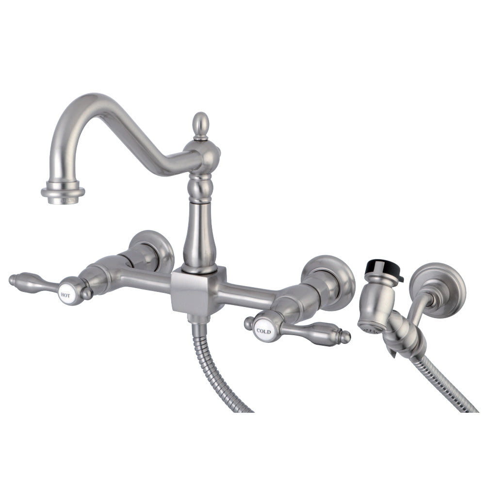 Kingston Brass KS1245TALBS Tudor Wall Mount Bridge Kitchen Faucet with Brass Spray