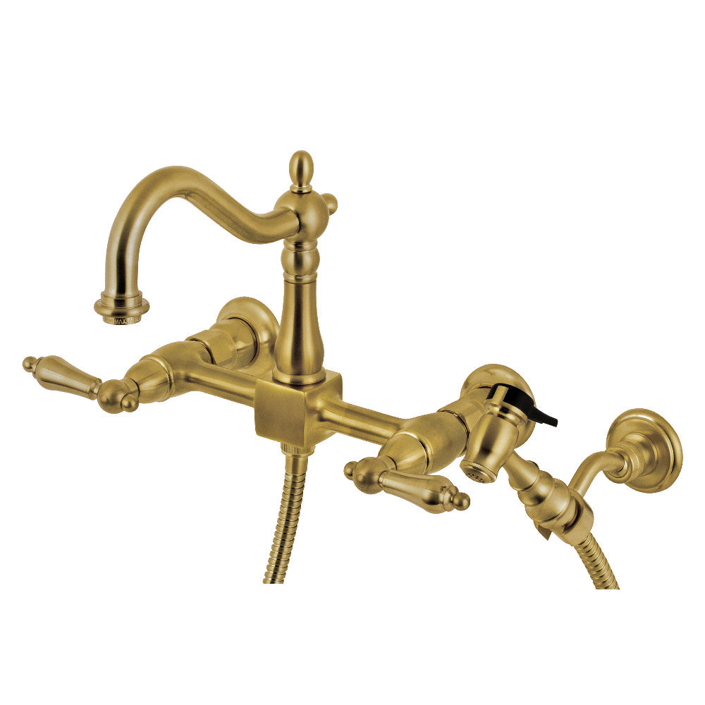 Kingston Brass KS1260ALBS Heritage Wall Mount Bridge Kitchen Faucet with Brass Sprayer