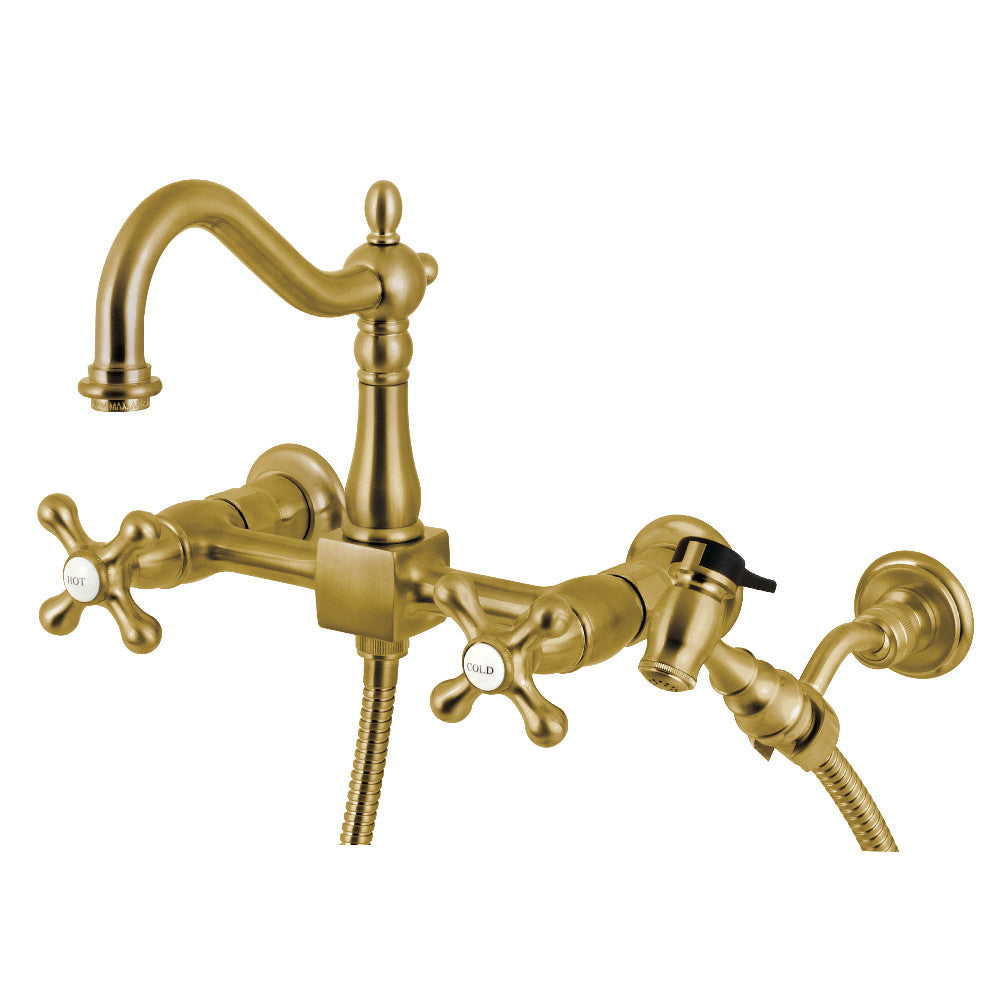 Kingston Brass KS1265AXBS Heritage Wall Mount Bridge Kitchen Faucet with Brass Sprayer