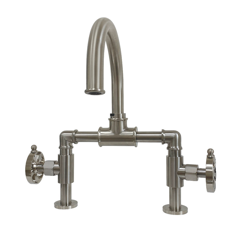 Kingston Brass KS217RXVN Belknap Industrial Style Wheel Handle Bridge Bathroom Faucet with Pop-Up Drain