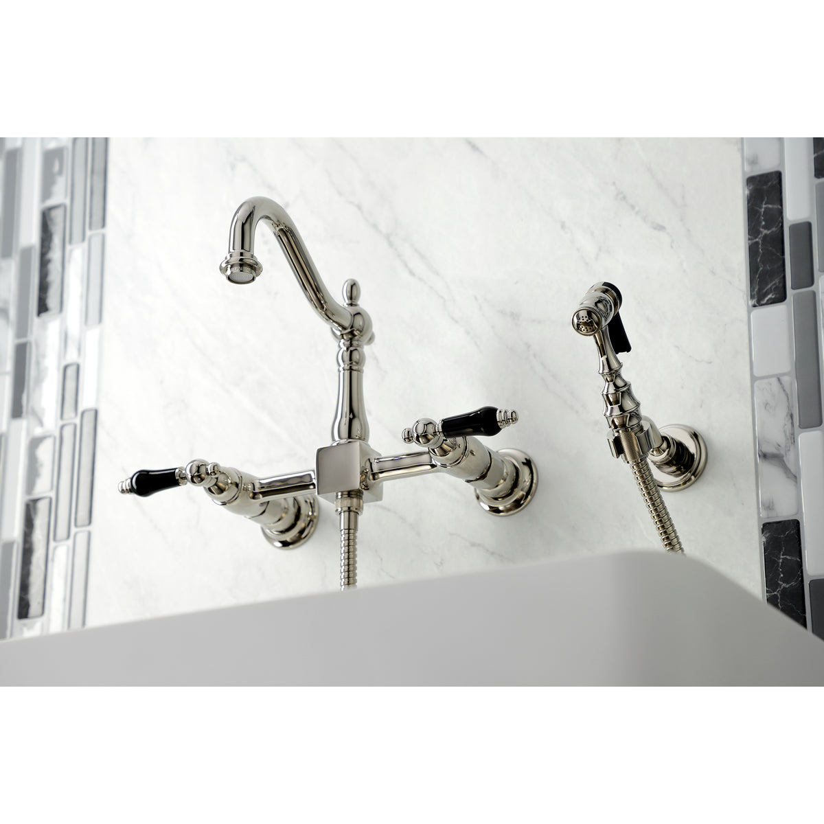 Kingston Brass KS1262PKLBS Duchess Wall Mount Bridge Kitchen Faucet with Brass Sprayer