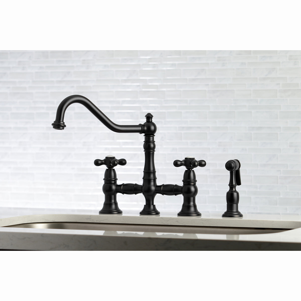 Kingston Brass KS3276AXBS Restoration 8&quot; Bridge Kitchen Faucet with Sprayer