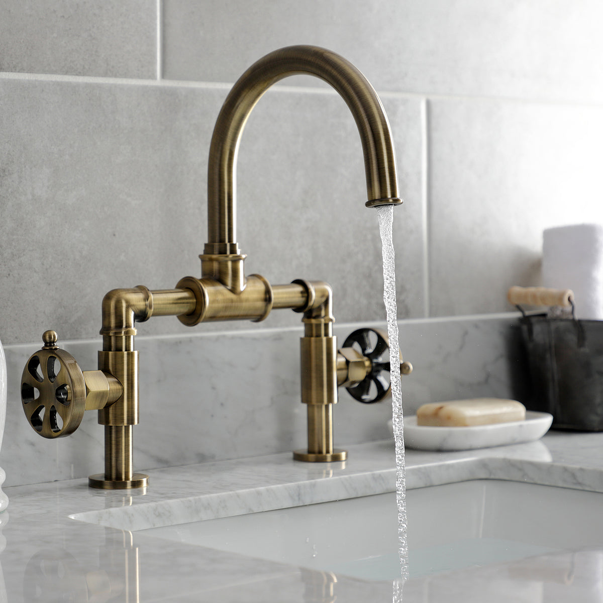 Kingston Brass KS217RXVN Belknap Industrial Style Wheel Handle Bridge Bathroom Faucet with Pop-Up Drain