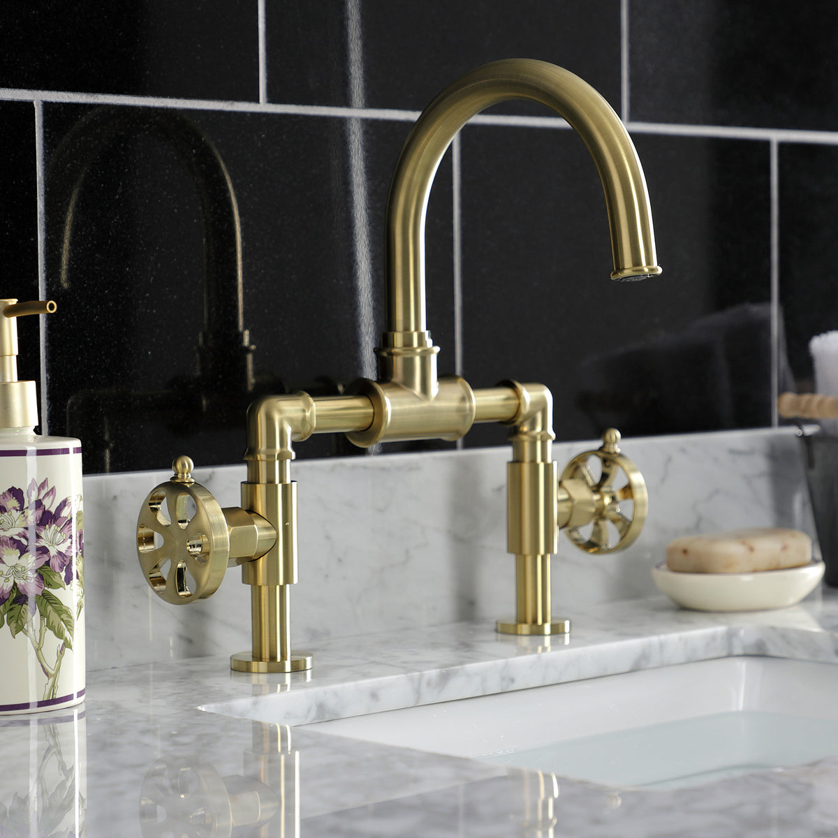 Kingston Brass KS217RXVN Belknap Industrial Style Wheel Handle Bridge Bathroom Faucet with Pop-Up Drain