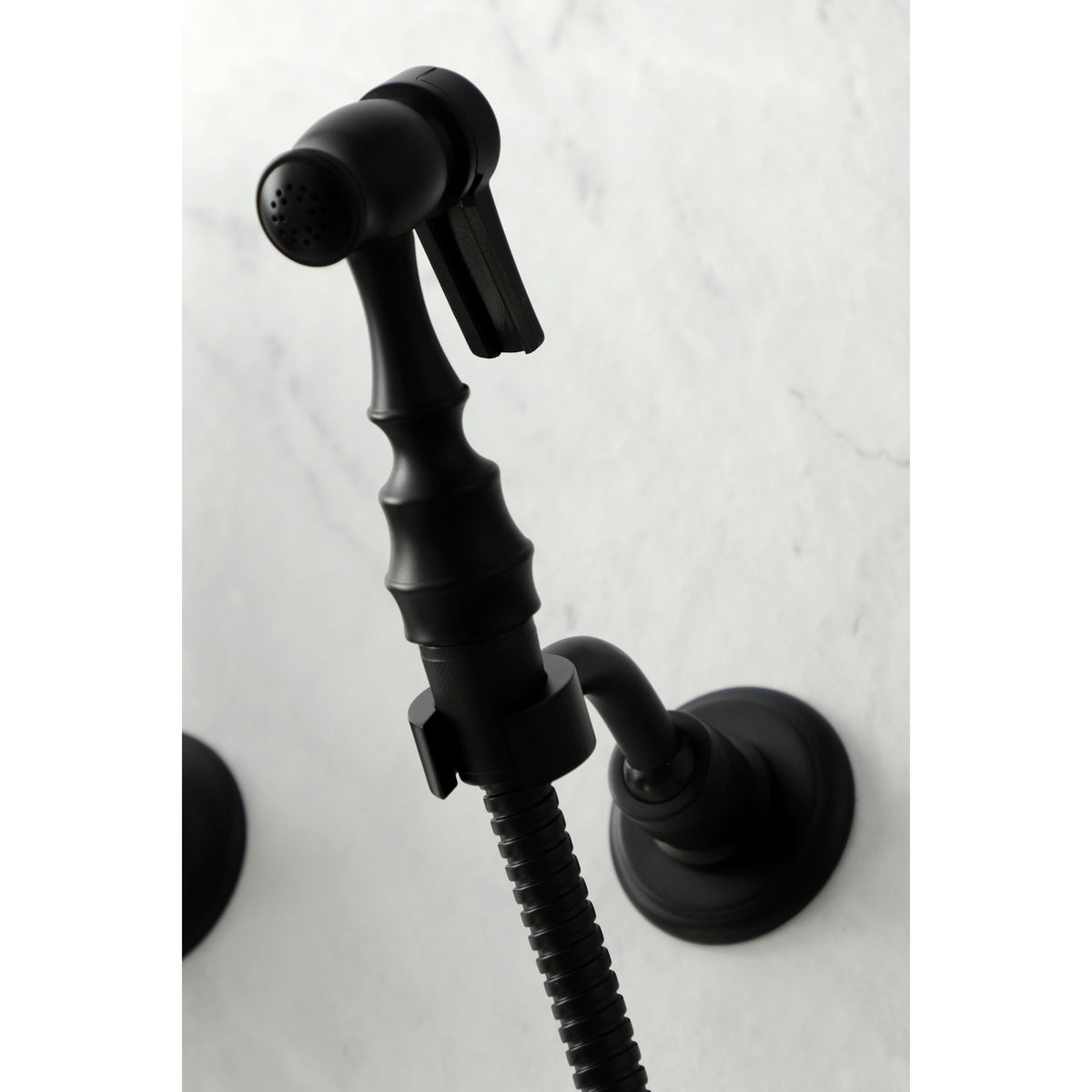 Kingston Brass KS1262PKLBS Duchess Wall Mount Bridge Kitchen Faucet with Brass Sprayer