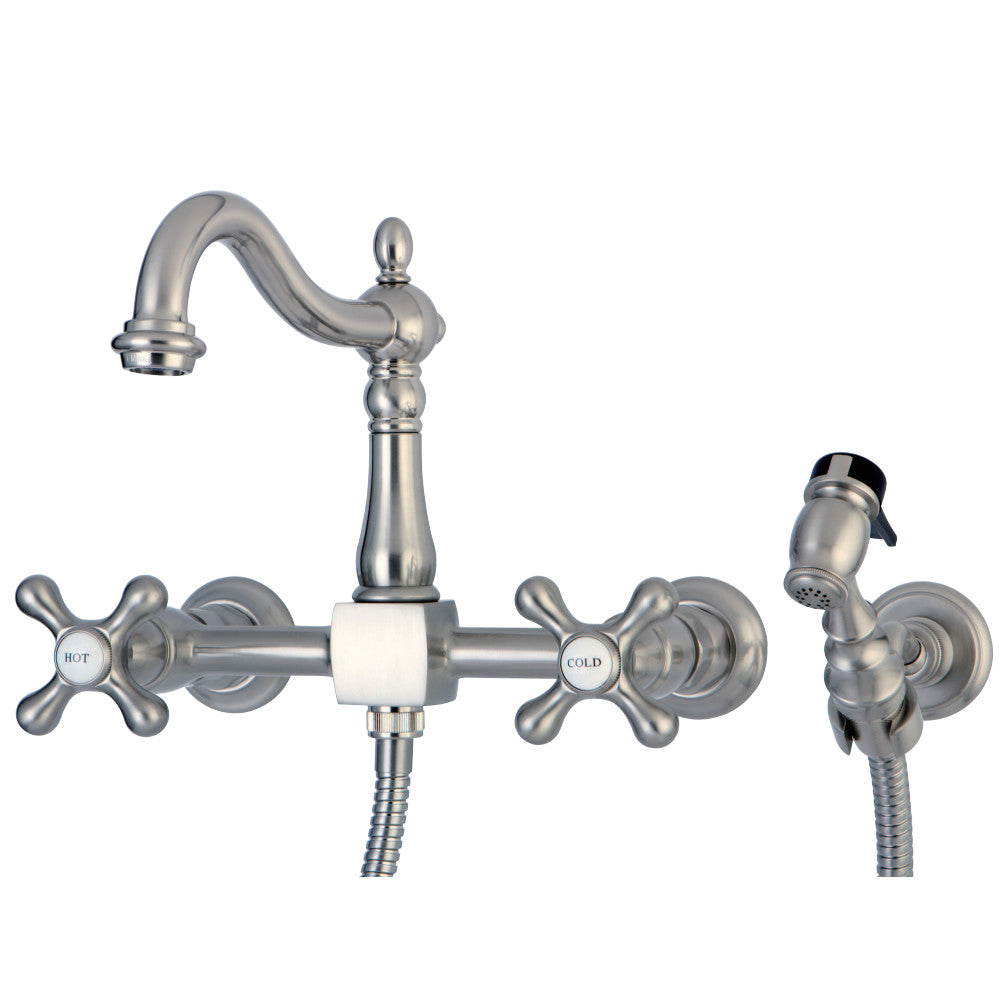 Kingston Brass KS1265AXBS Heritage Wall Mount Bridge Kitchen Faucet with Brass Sprayer