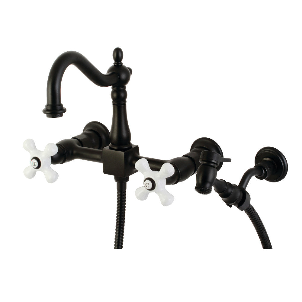 Kingston Brass KS1261PXBS Heritage Wall Mount Bridge Kitchen Faucet with Brass Sprayer