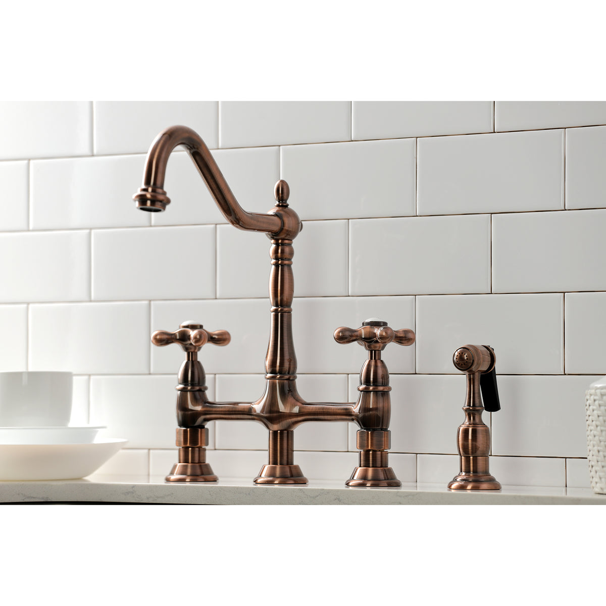 Kingston Brass KS1270AXBS Heritage Bridge Kitchen Faucet with Brass Sprayer