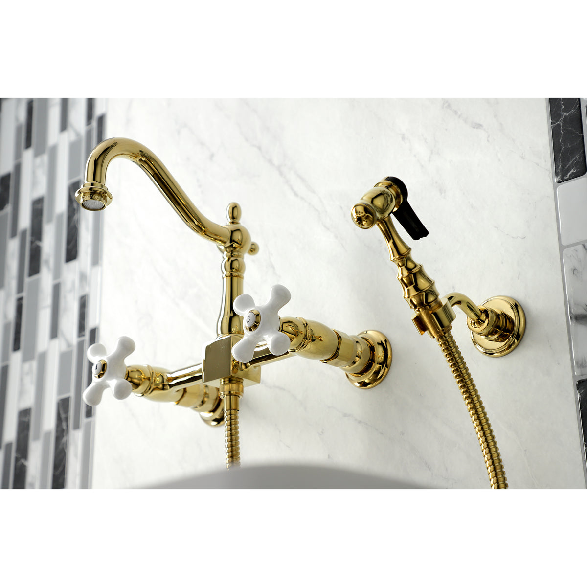 Kingston Brass KS1261PXBS Heritage Wall Mount Bridge Kitchen Faucet with Brass Sprayer