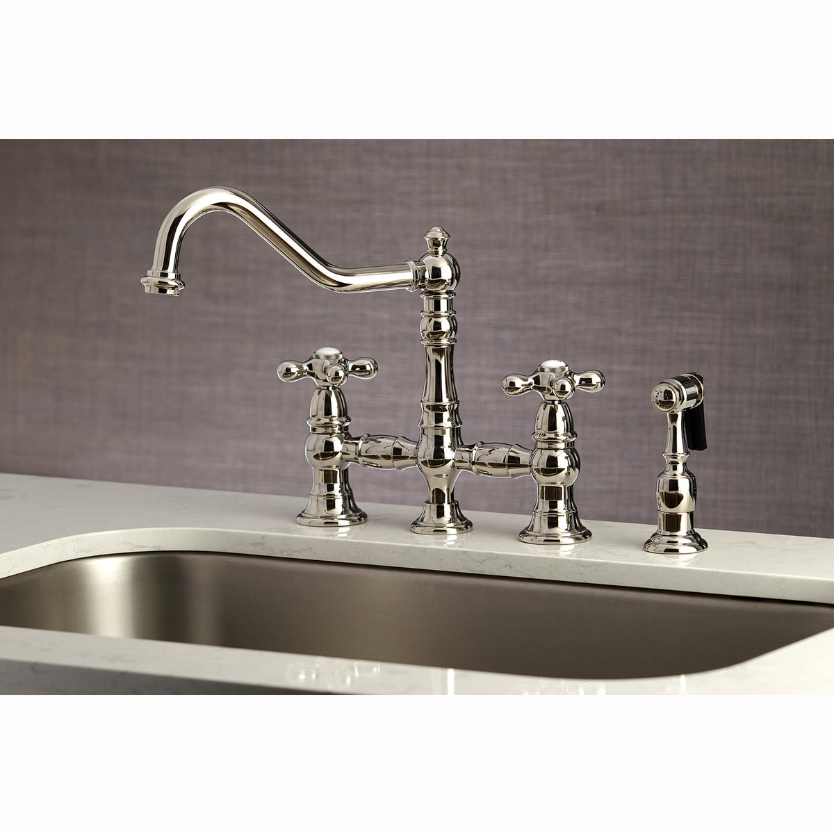 Kingston Brass KS3276AXBS Restoration 8&quot; Bridge Kitchen Faucet with Sprayer