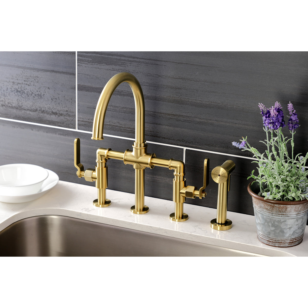 Kingston Brass KS2330KL Whitaker Industrial Style Bridge Kitchen Faucet with Brass Sprayer