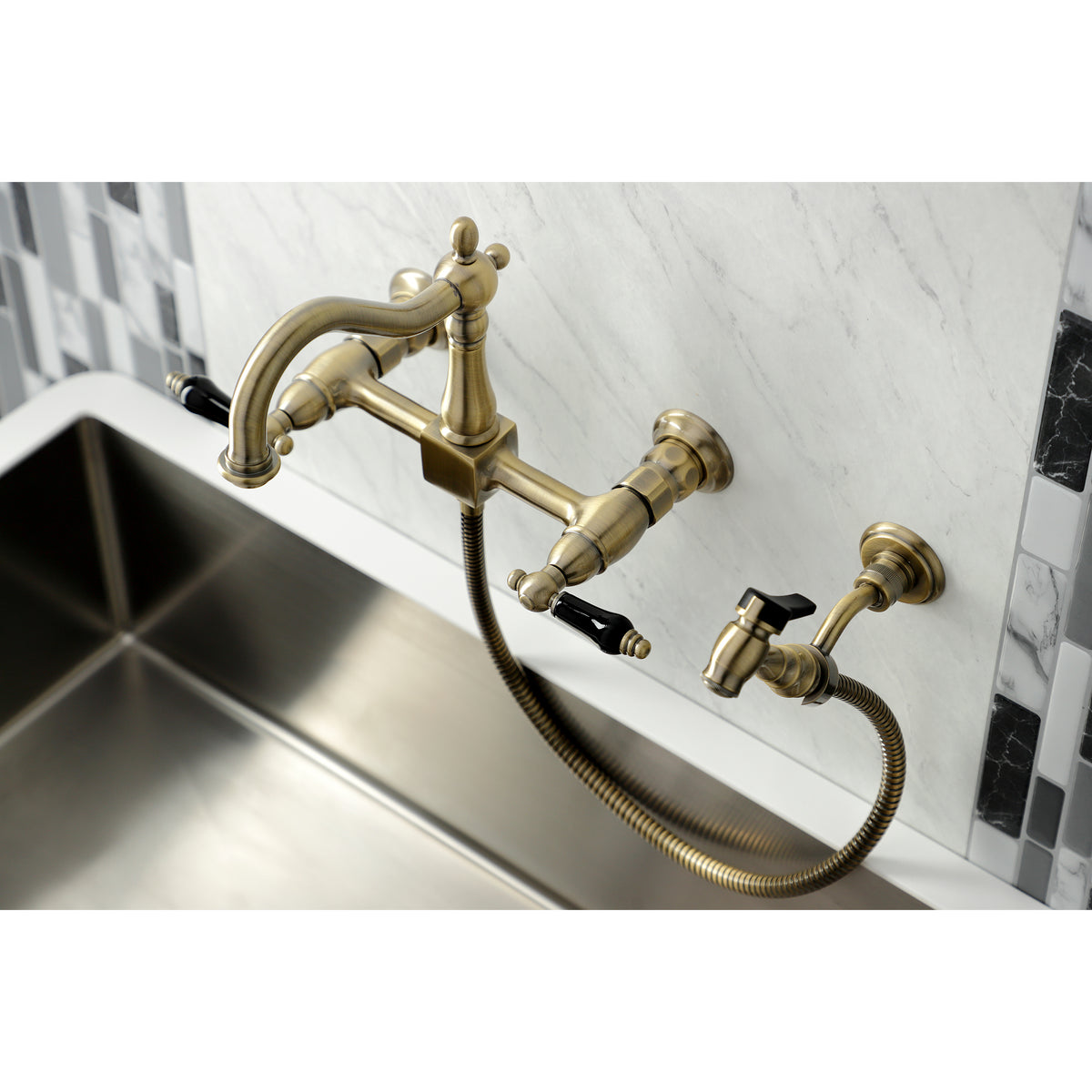 Kingston Brass KS1262PKLBS Duchess Wall Mount Bridge Kitchen Faucet with Brass Sprayer