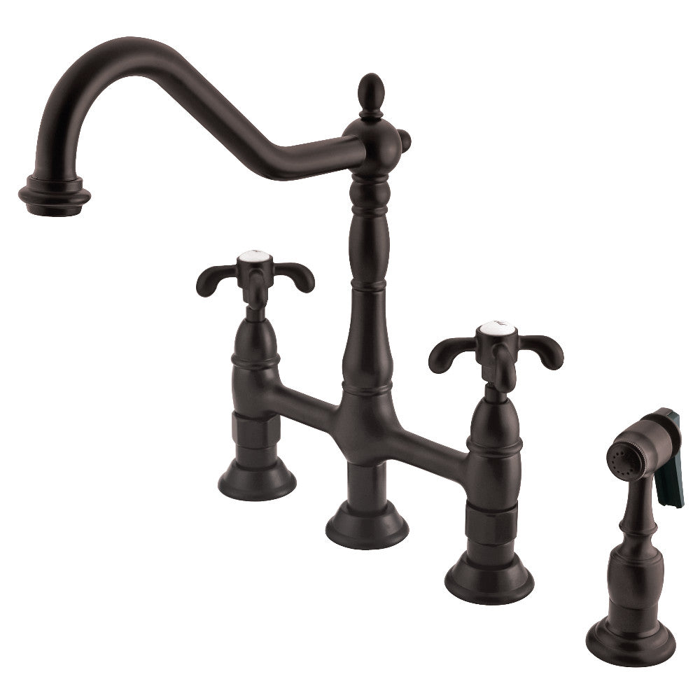 Kingston Brass KS1275TXBS French Country Bridge Kitchen Faucet with Brass Sprayer