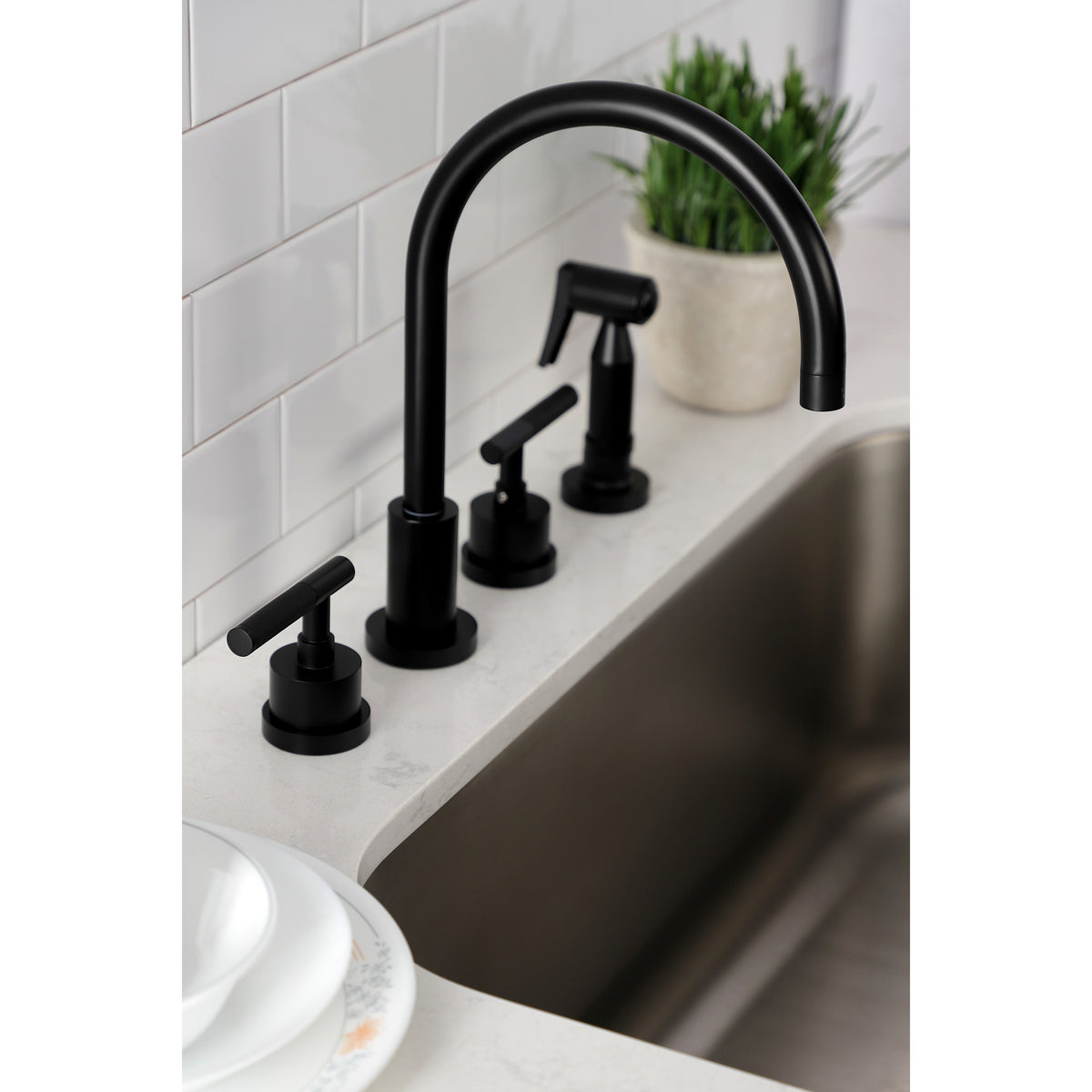 Kingston Brass KS8728CKLBS Kaiser Widespread Kitchen Faucet with Brass Sprayer