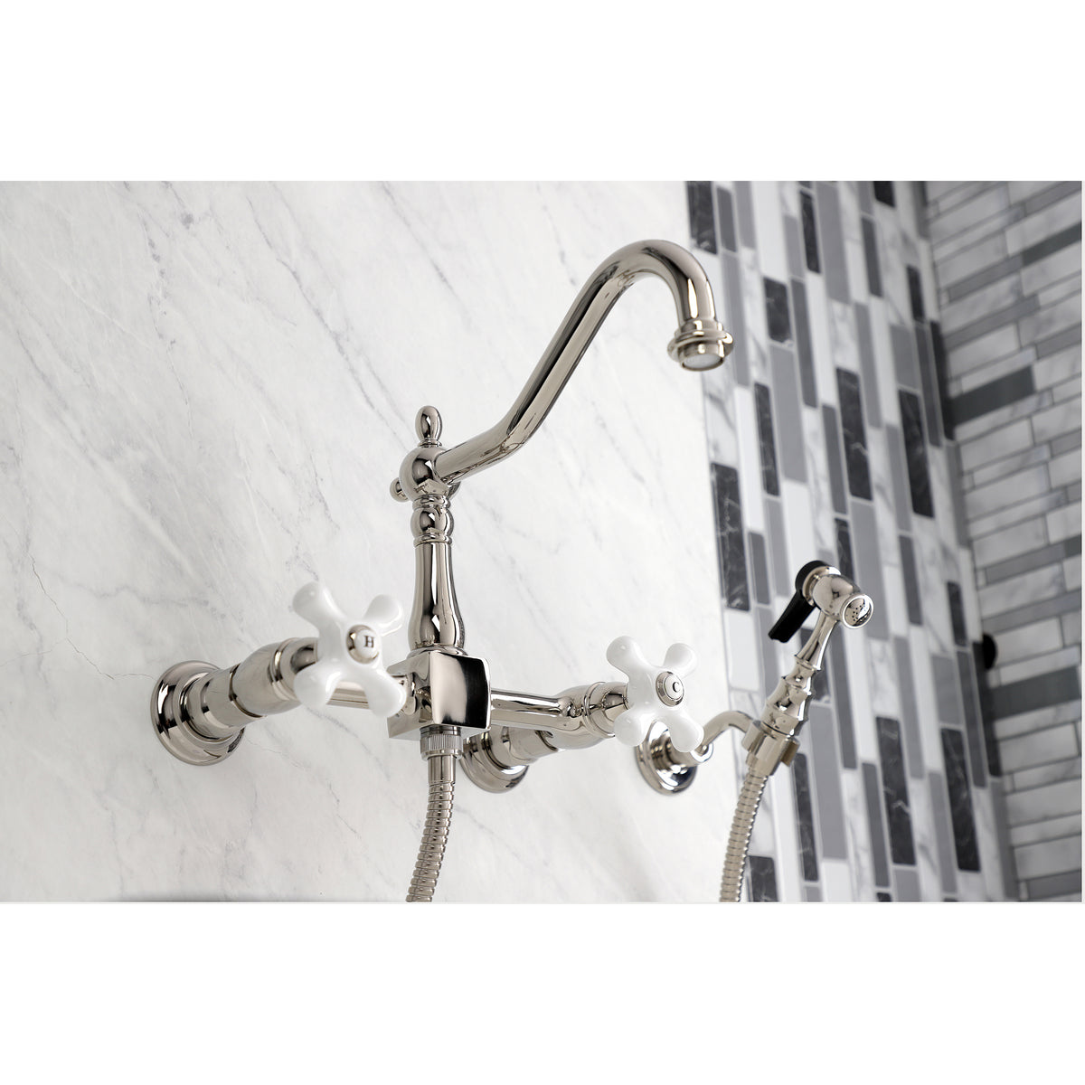 Kingston Brass KS1242PXBS Heritage Wall Mount Bridge Kitchen Faucet with Brass Spray