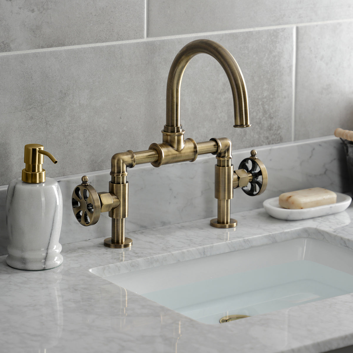 Kingston Brass KS217RXVN Belknap Industrial Style Wheel Handle Bridge Bathroom Faucet with Pop-Up Drain