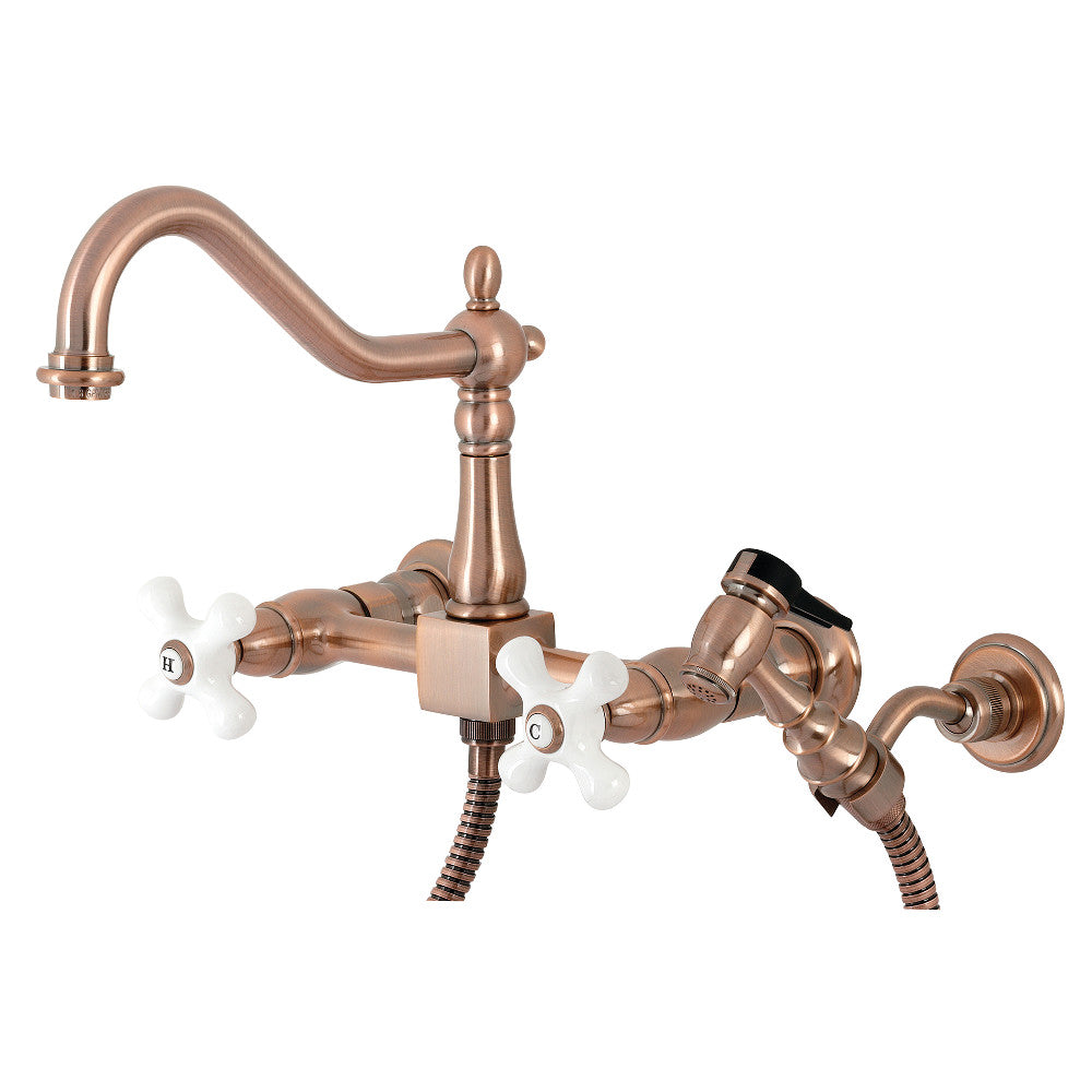 Kingston Brass KS1242PXBS Heritage Wall Mount Bridge Kitchen Faucet with Brass Spray