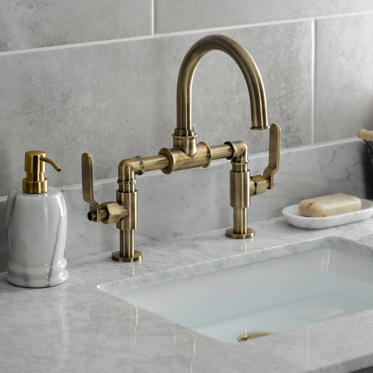 Kingston Brass KS2171KL Whitaker Industrial Style Bridge Bathroom Faucet with Pop-Up Drain