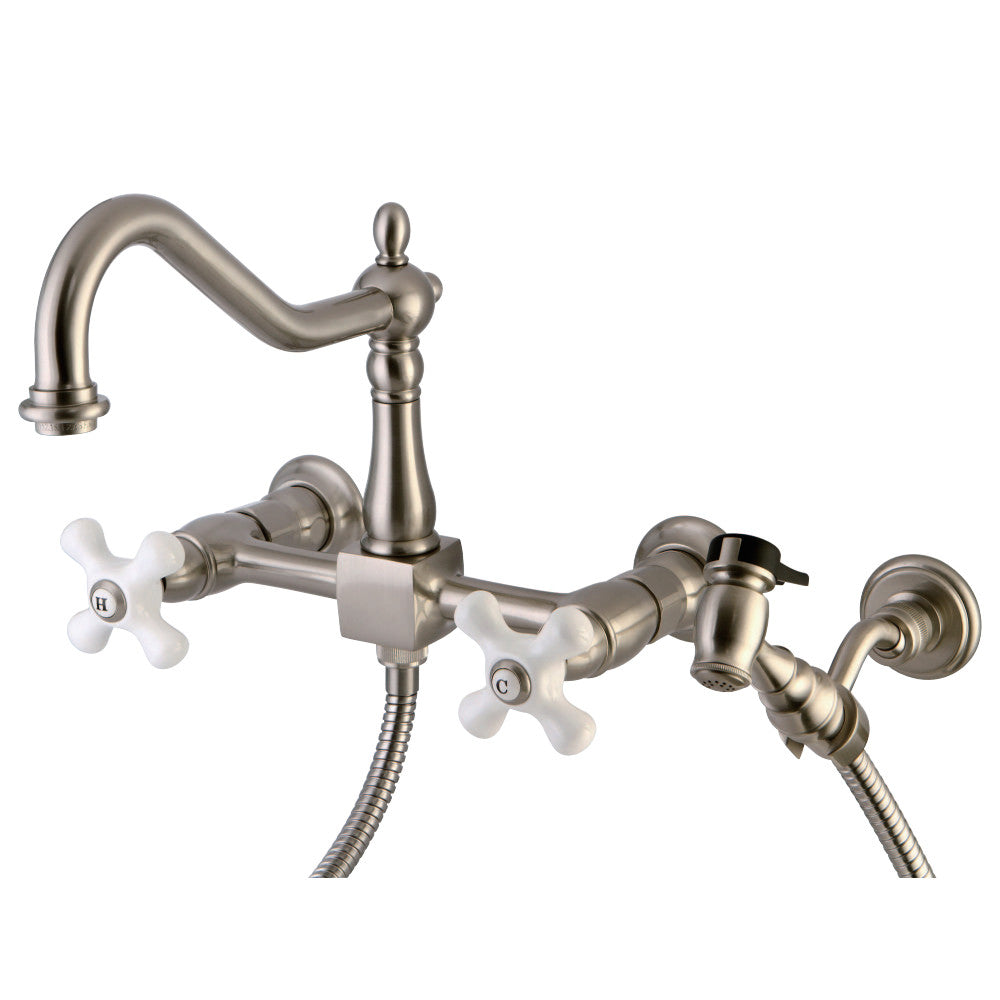 Kingston Brass KS1242PXBS Heritage Wall Mount Bridge Kitchen Faucet with Brass Spray