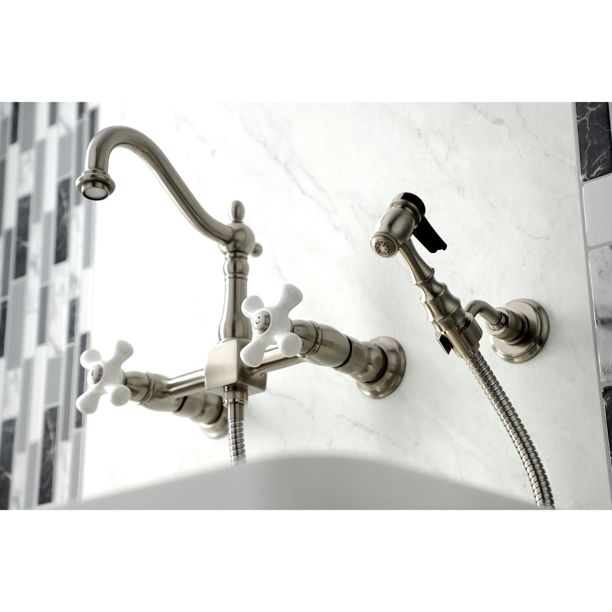 Kingston Brass KS1261PXBS Heritage Wall Mount Bridge Kitchen Faucet with Brass Sprayer