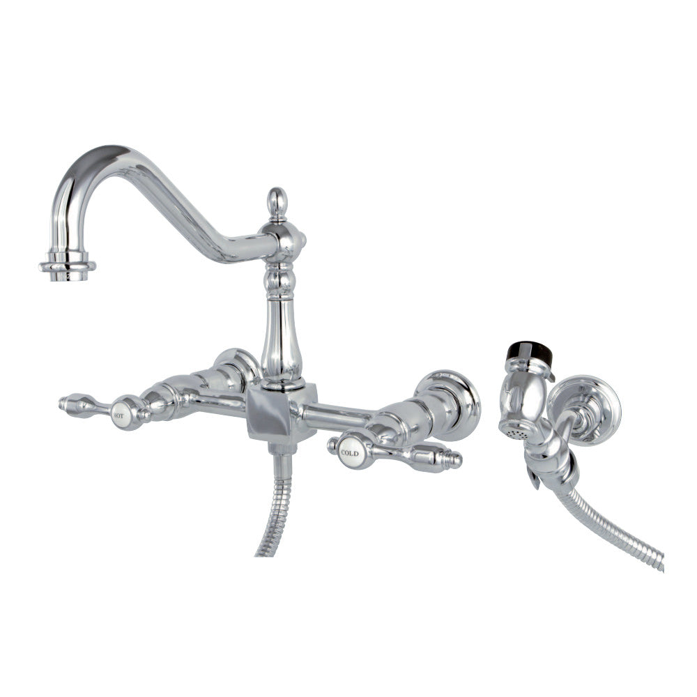 Kingston Brass KS1245TALBS Tudor Wall Mount Bridge Kitchen Faucet with Brass Spray