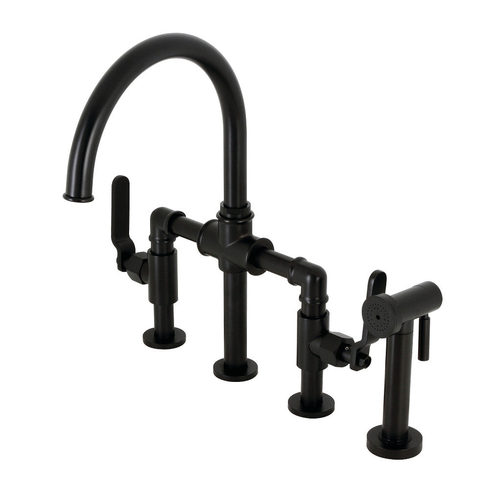 Kingston Brass KS2330KL Whitaker Industrial Style Bridge Kitchen Faucet with Brass Sprayer