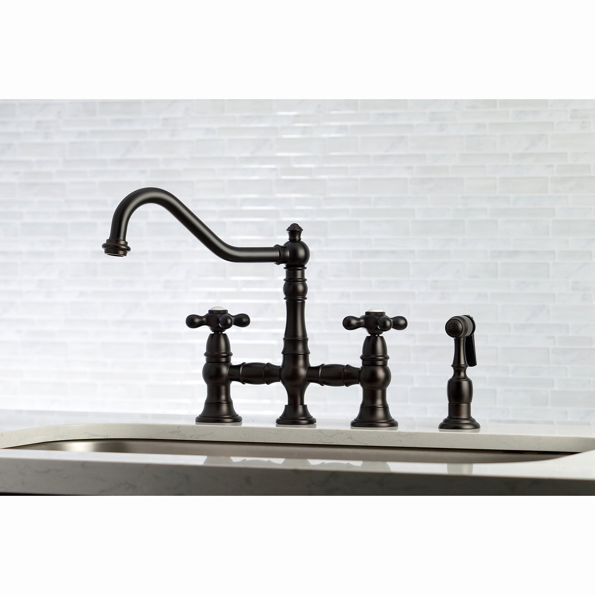 Kingston Brass KS3276AXBS Restoration 8&quot; Bridge Kitchen Faucet with Sprayer